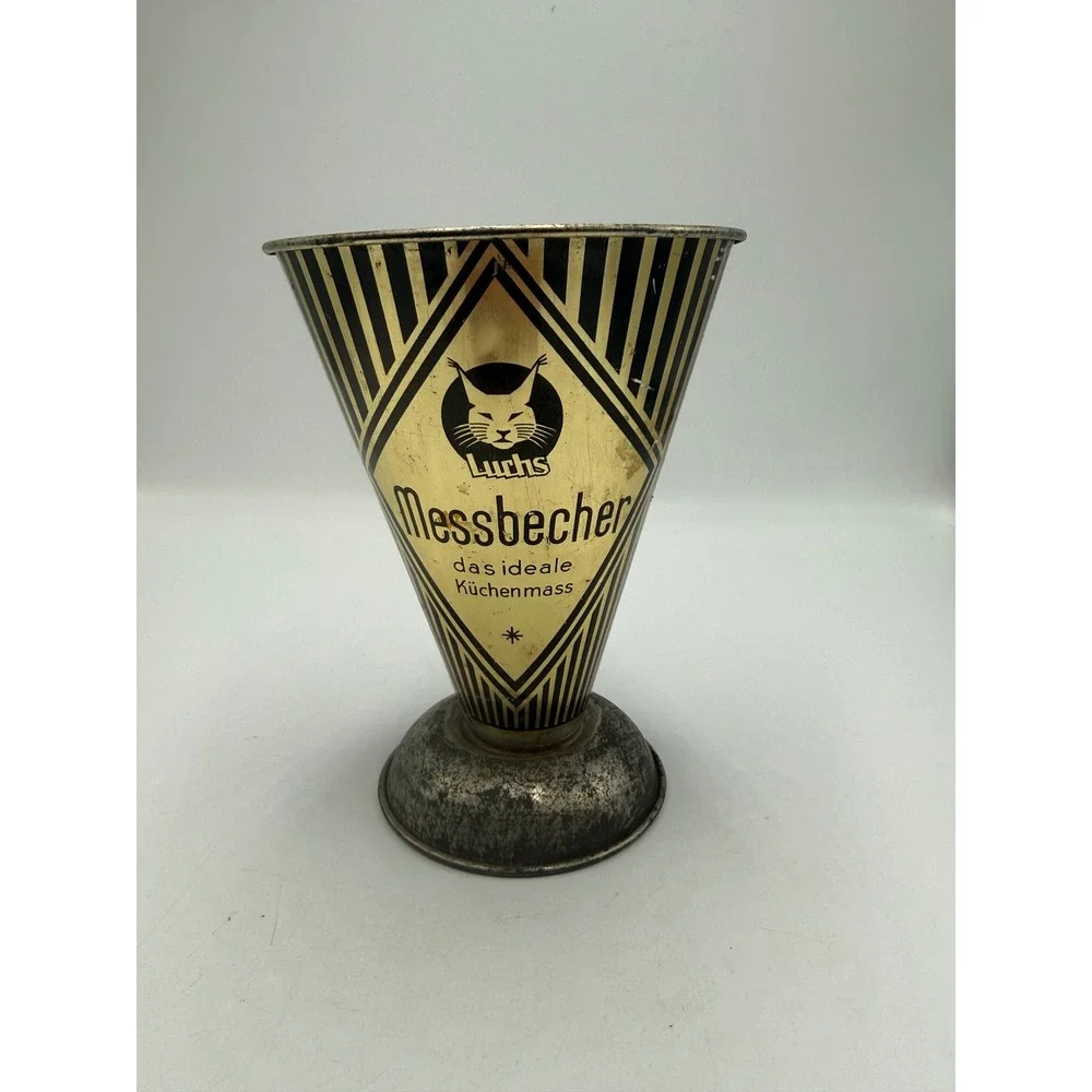 Vintage Luchs Messbecher German Tin Measuring Cup Art Deco Gold Black Lynx Logo